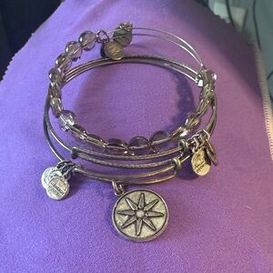 Alex and Ani Silver Tone Compass Star Charm Bangle Set with Clear Beads